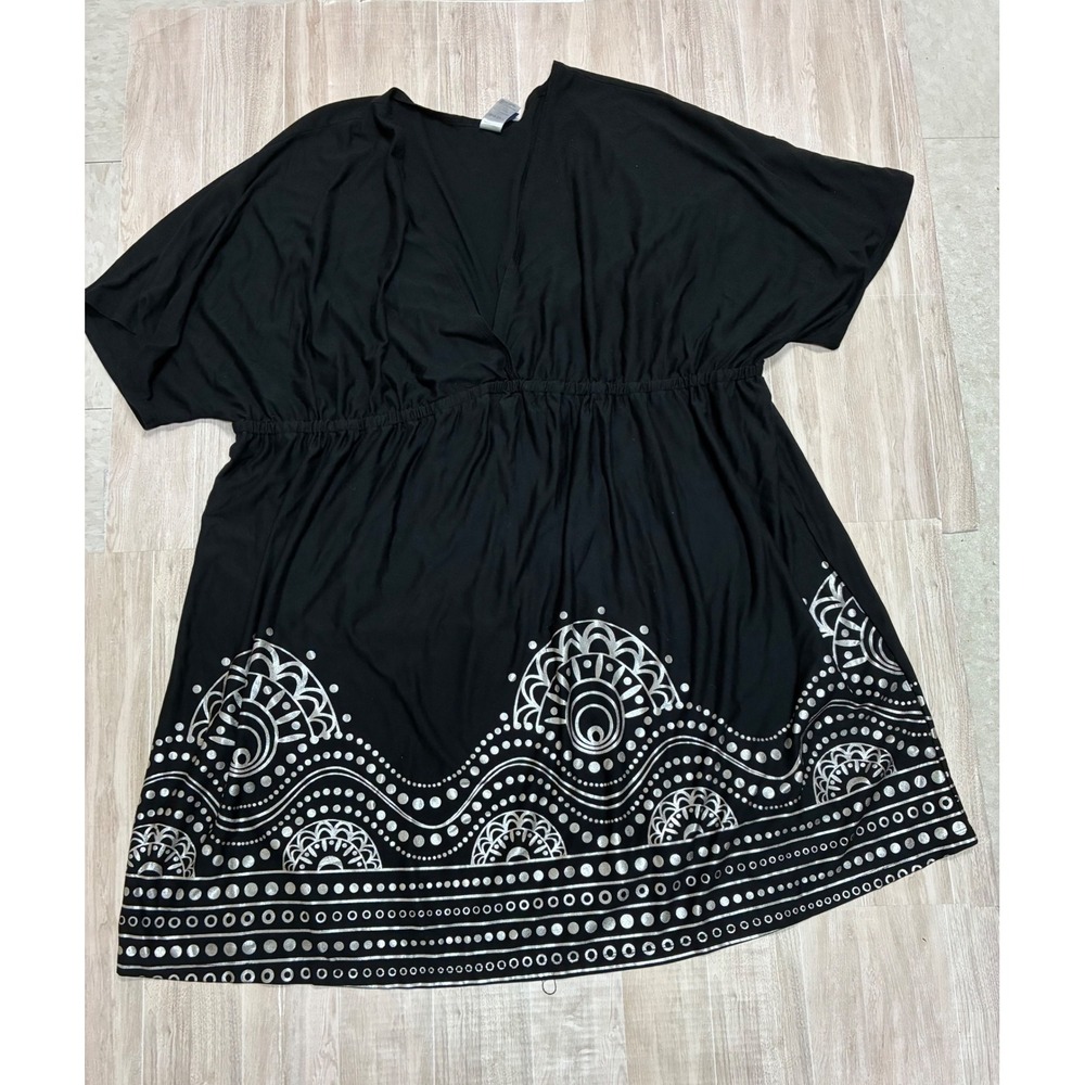 Swimsuits For All Black Silver Metallic Foil Medallion Swim Cover Up Dress 34/36